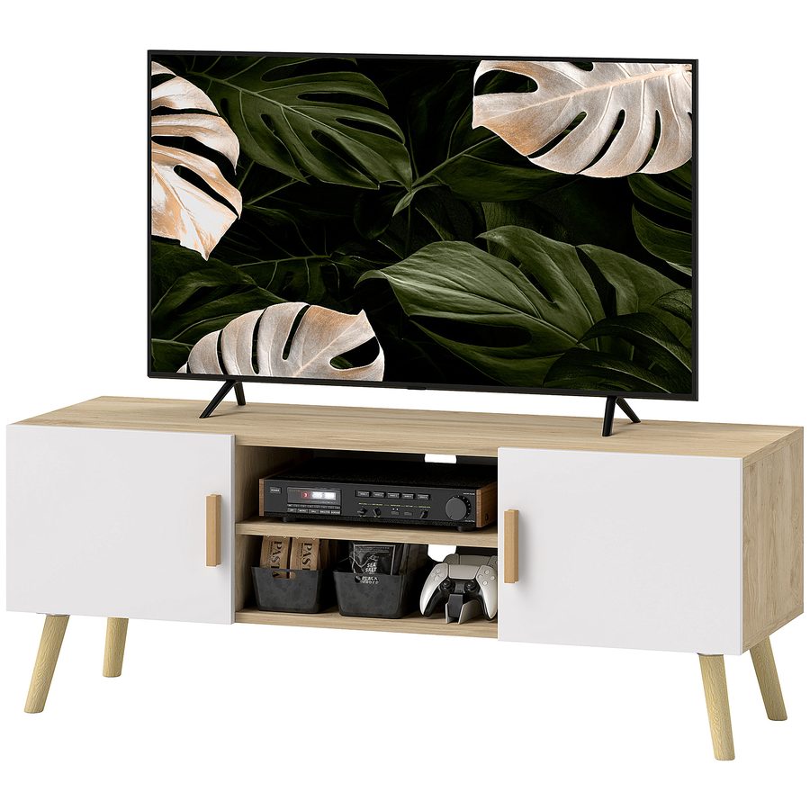 HOMCOM TV-Möbel Fernsehschrank Holz TV-Bank bis 50 Zoll mit Regalen, 2 Schränke und Kabeldurchlässen für Wohnzimmer, Schlafzimmer, 110 x 36,2 x 42 cm, Eiche   Aosom von HOMCOM