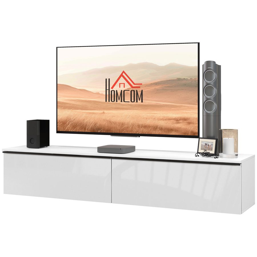 HOMCOM Wand-TV-Möbel, TV-Wandhalterung aus Holz, schwebendes TV-Bank für Fernseher bis 70 Zoll mit glänzender Effekttür, für Wohnzimmer-Schlafzimmer, 160 x 35 x 30 cm, Weiß   Aosom von HOMCOM