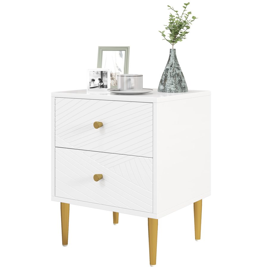 HOMCOM Nachttisch, Nachttisch, mit 2 Schubladen, Goldgriffe, Stahlbeine, für Schlafzimmer, Wohnzimmer, 40 x 35 x 50 cm, weiß   Aosom von HOMCOM