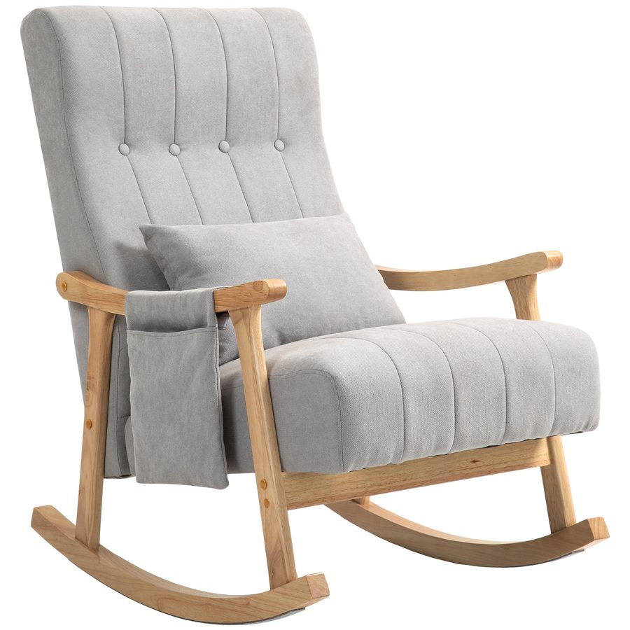 HOMCOM Schaukelstuhl gepolsterter Schaukelsessel mit Lendenkissen Seitentasche Relaxsessel Holzrahmen Leinenoptik für Wohnzimmer Schlafzimmer Grau   Aosom.de von HOMCOM