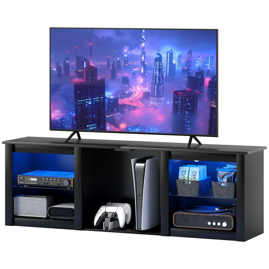 HOMCOM TV-Möbel mit RGB-LED-Beleuchtung, TV-Holzmöbel für Fernseher bis zu 65 Zoll mit verstellbaren Glastablaren, 5 Fächern, Kabeldurchführungen und Fernbedienung für Wohnzimmer, Schlafzimmer, Abmessungen 160 x 35 x 35 cm, schwarz   Aosom von HOMCOM