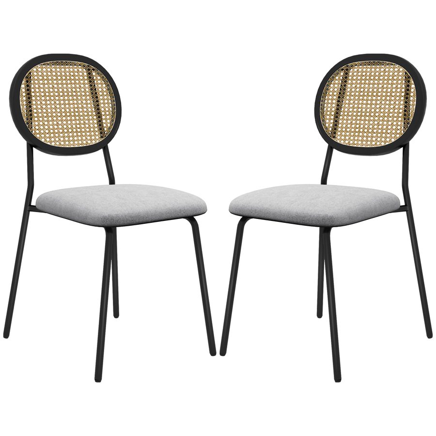 HOMCOM Set mit 2 Dining-Stühlen, Küchenstühle, Bohème-Stil, Rattanrücken, atmungsaktiver Leinenstoff, Stahlrahmen, für Wohnzimmer, Esszimmer, Schlafzimmer, Grau   Aosom von HOMCOM