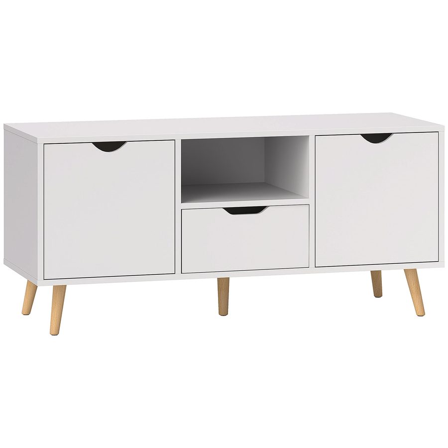 HOMCOM TV-Möbel, TV-Tisch mit Schublade, 2 Türen und offenem Fach, Holzbeine, für Fernseher bis zu 127 cm, 110 cm Länge, für Wohnzimmer, Schlafzimmer, Weiß   Aosom von HOMCOM