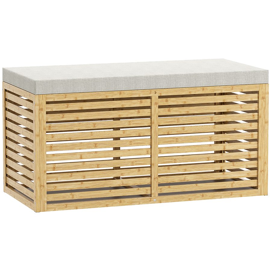 HOMCOM Aufbewahrungsbank, gepolsterte Truhenbank mit Leinenoptik-Stoff, Deckel und Bambusgestell, für Schlafzimmer, Flur, Wohnzimmer, 90 x 42 x 43 cm, grau und natur   Aosom von HOMCOM