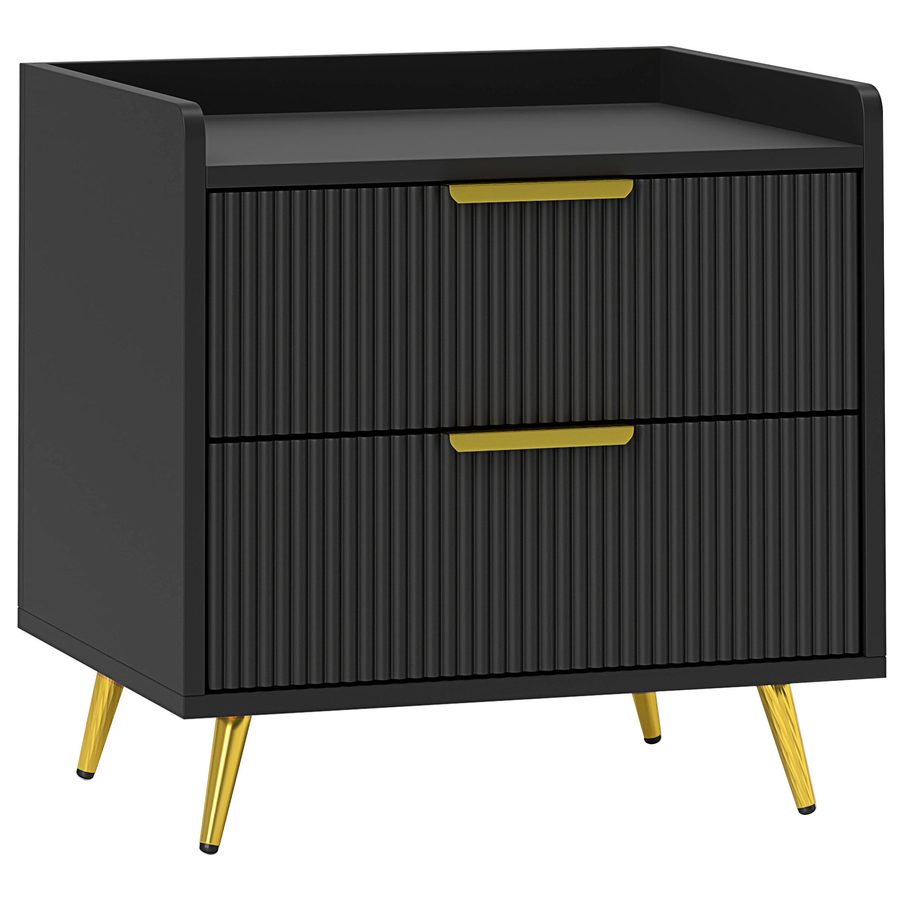 HOMCOM Nachttisch mit 2 gerillten Schubladen, goldfarbene Metallfüße, Nachtkästchen für Schlafzimmer, Wohnzimmer, 50 x 40 x 50 cm, schwarz   Aosom von HOMCOM