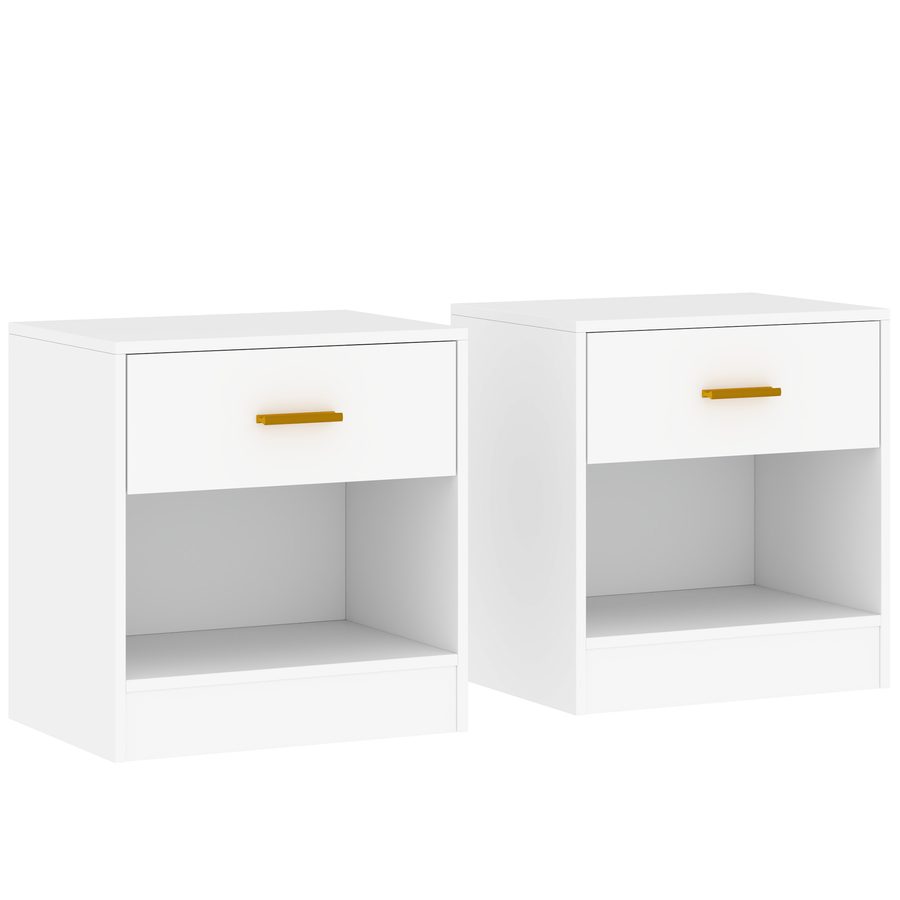 HOMCOM Set 2 Moderne Nachttische mit Schublade und offener Ablage, Nachttische für Schlafzimmer aus Spanplatte, 39x28x41 cm, Weiß   Aosom von HOMCOM