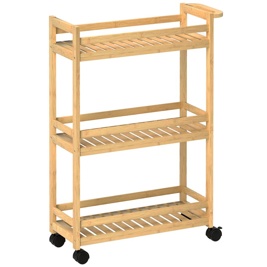 HOMCOM 3-stöckiger Servierwagen aus Bambus, Küchenwagen mit Rolle, Allzweckwagen mit Griff, Lagerwagen für Büro, Wohnzimmer, Küche, 55 x 20 x 75 cm, Naturholz   Aosom von HOMCOM