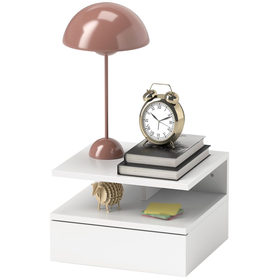 HOMCOM Wand-Aufgehängter Nachttisch für Schlafzimmer, Moderner Nachttisch mit Schublade und Holzoberseite, 35x32x22,5cm, Weiß   Aosom von HOMCOM