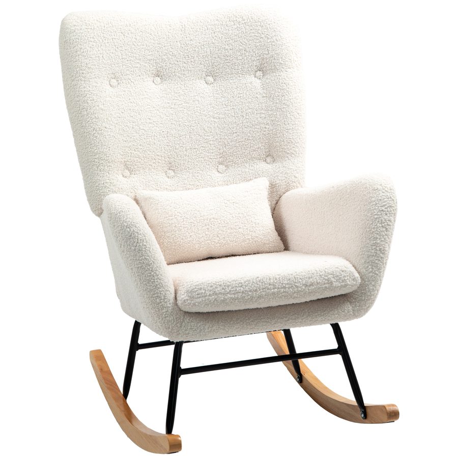 HOMCOM Schaukelstuhl, Schaukelsessel mit Armlehne, Teddystoff-Optik, Stillsessel mit Holzkufen, Lendenkissen, Relaxsessel Schwingsessel für Wohnzimmer, Schlafzimmer, Cremeweiß   Aosom von HOMCOM