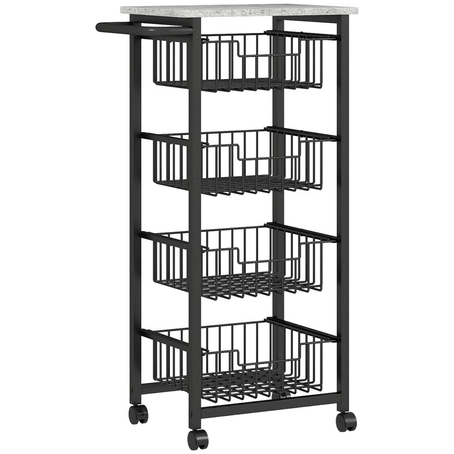 HOMCOM Küchenwagen Servierwagen mit Arbeitsplatte, 4 ausziehbaren Stahlkörben, Rollwagen für Büro, 49,5 x 31 x 91 cm, Hellgrau   Aosom von HOMCOM