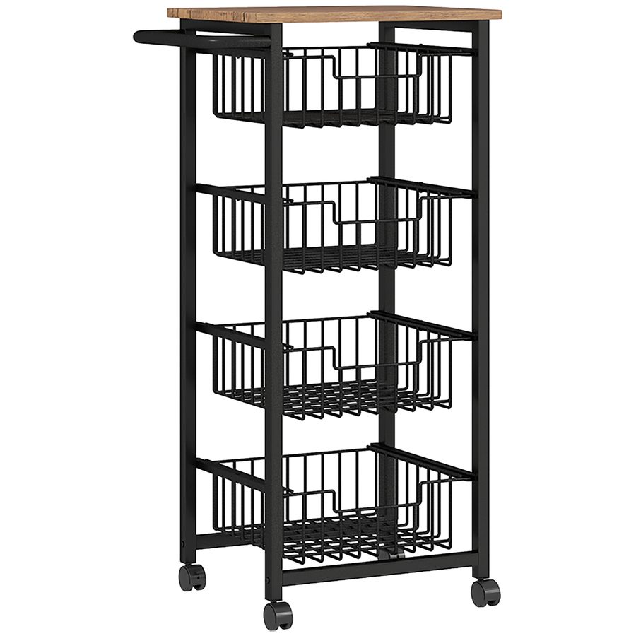 HOMCOM Küchenwagen Servierwagen mit Arbeitsplatte, 4 ausziehbaren Stahlkörben, Rollwagen für Büro, 49,5 x 31 x 91 cm, Eiche   Aosom von HOMCOM