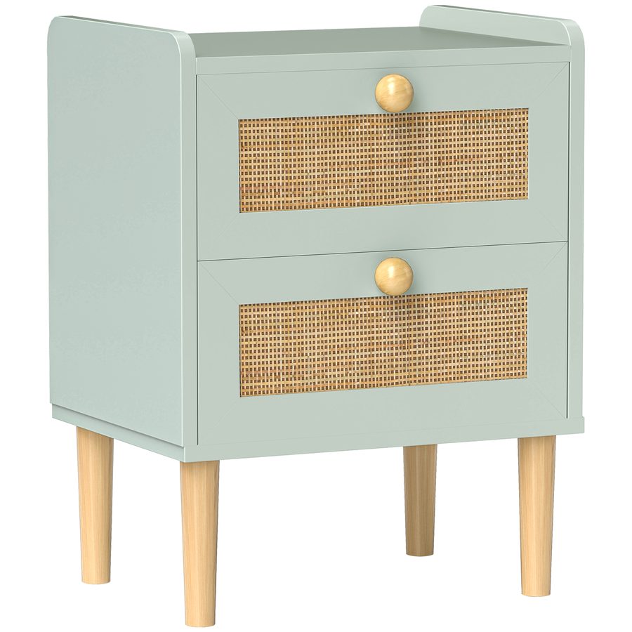 HOMCOM Nachttisch, Nachttisch mit 2 Schubladen im Rattan-Effekt und Holzrahmen, Boho-Stil, für Schlafzimmer, Wohnzimmer, 39,8 x 30 x 52,5 cm, olivgrün   Aosom von HOMCOM