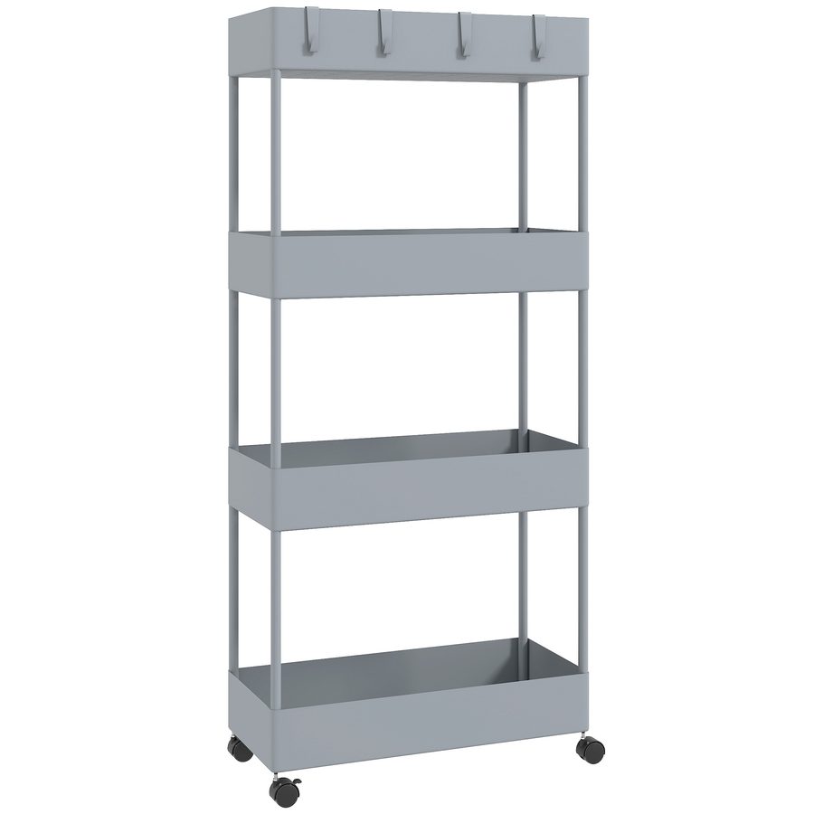 HOMCOM Rollwagen, Küchenregal mit 4 Ebenen, Aufbewahrungsregal mit Rollen, Küchenwagen mit Bremsen, Servierwagen für Küche, Schlafzimmer, Wohnzimmer, Kunststoff, Grau, 40 x 19 x 90 cm   Aosom von HOMCOM