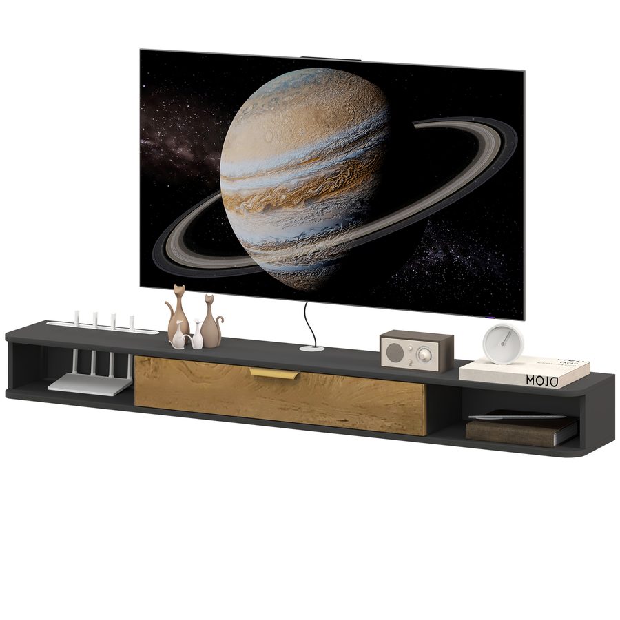 HOMCOM Wand-TV-Möbel schwebendes TV-Möbel aus Holz, TV-Bank mit offenen Fächern, klappbarer Tür und Kabeldurchlässen, für Wohnzimmer Schlafzimmer, 160 x 24 x 16 cm, grau   Aosom von HOMCOM
