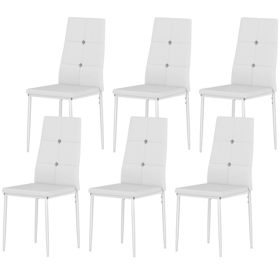 HOMCOM Set mit 6 Esszimmerstühlen mit PU-Bezug Esszimmerstühle mit hoher Rückenlehne mit Kristallknöpfen und Stahlbeinen Modernes Design für Wohnzimmer Schlafzimmer Weiß   Aosom von HOMCOM