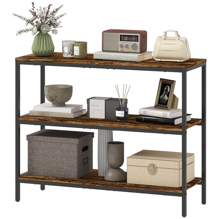 HOMCOM Konsolentisch Flurtisch mit 3 Ebenen, Beistelltisch mit Metallrahmen, Metallregal für Kleinen Raum, Eingang, Flur, Wohnzimmer, 101 x 35 x 80 cm, Rustikal-Braun   Aosom von HOMCOM