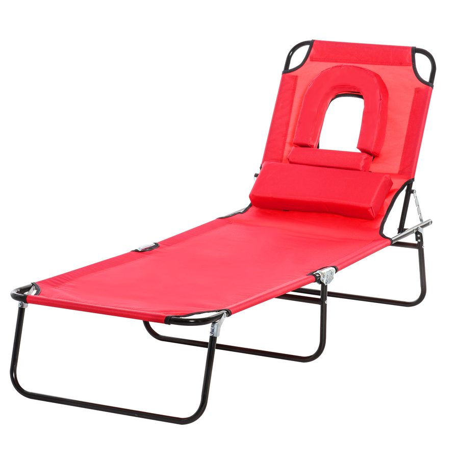 Outsunny Sonnenliege klappbarer Strandliege 4-fach verstellbare Gartenliege mit Leseloch 3 Kissen Rot   Aosom von Outsunny
