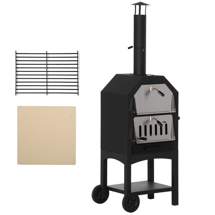 Outsunny Holzbackofen im Freien mit 2 Ebenen Holzbackofen mit Rädern Herausnehmbarem Schublade Ablagefläche für Terrasse Camping Patio 64x54x160 cm Schwarz   Aosom von Outsunny