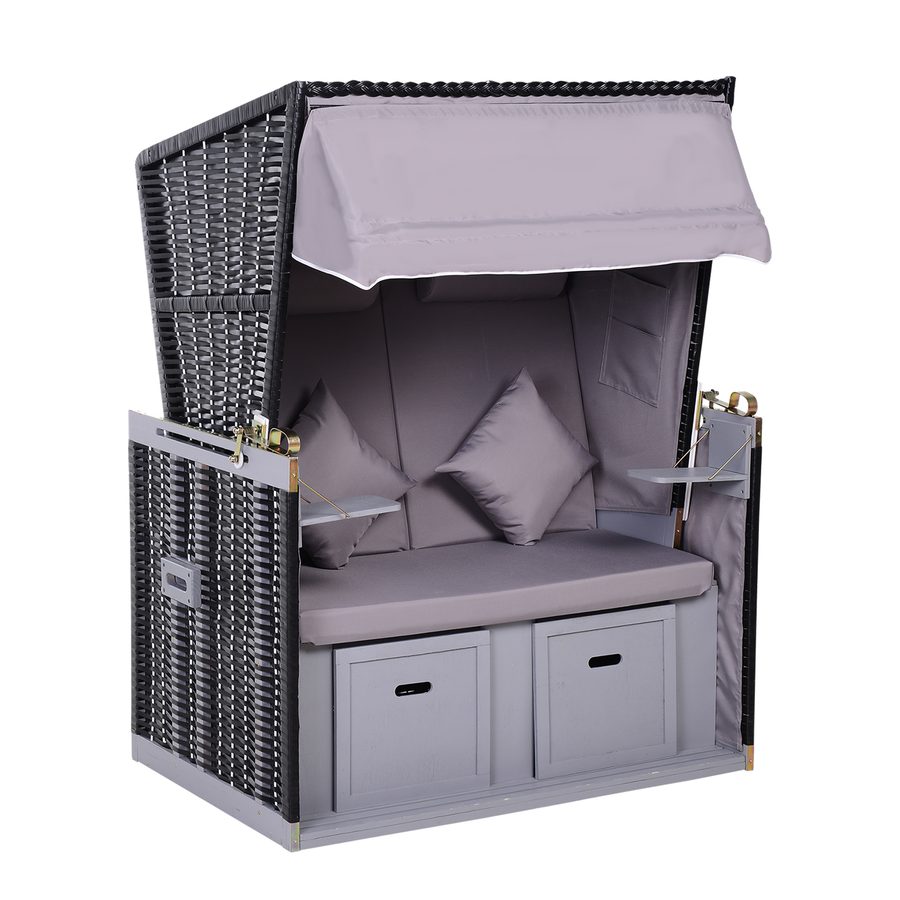 Outsunny Strandkorb Volllieger Doppelte Sonnenliege mit Dach Gartenliege Getränkehalter Chaiselounge PE Rattan Grau 118 x 79 x 50 cm   Aosom von Outsunny