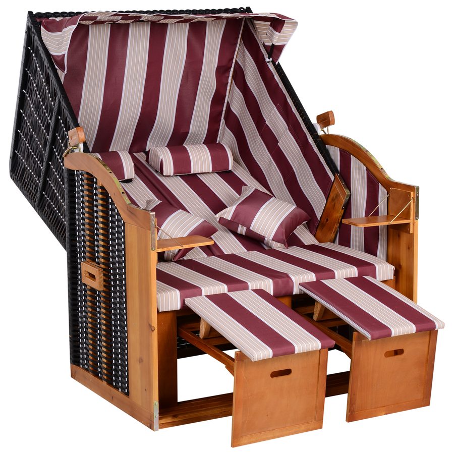 Outsunny Strandkorb Doppelte Sonnenliege mit Dach 5-stufige Rückenlehne Chaiselongue mit Getränkehaltern PE-Rattan Rot-Weiß 118x79x160cm für Garten & Balkon   Aosom.de von Outsunny