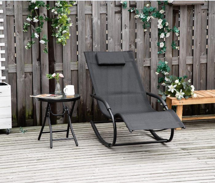 Outsunny Schaukelliegestuhl Ergonomischer Rocking Chair mit Kopfstütze und galvanisiertem Metallrahmen Textilene 63l x 160B x 88H cm Schwarz   Aosom von Outsunny