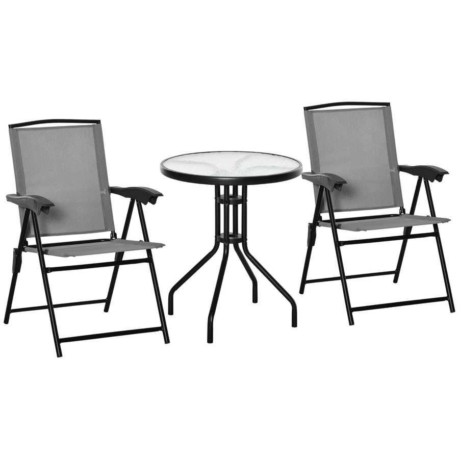 Outsunny 3-teiliges Gartenmöbelset, 2 klappbare Mehrpositions-Stühle + runder Tisch Gehärtetes Glas Stahl Textilene Grau   Aosom von Outsunny