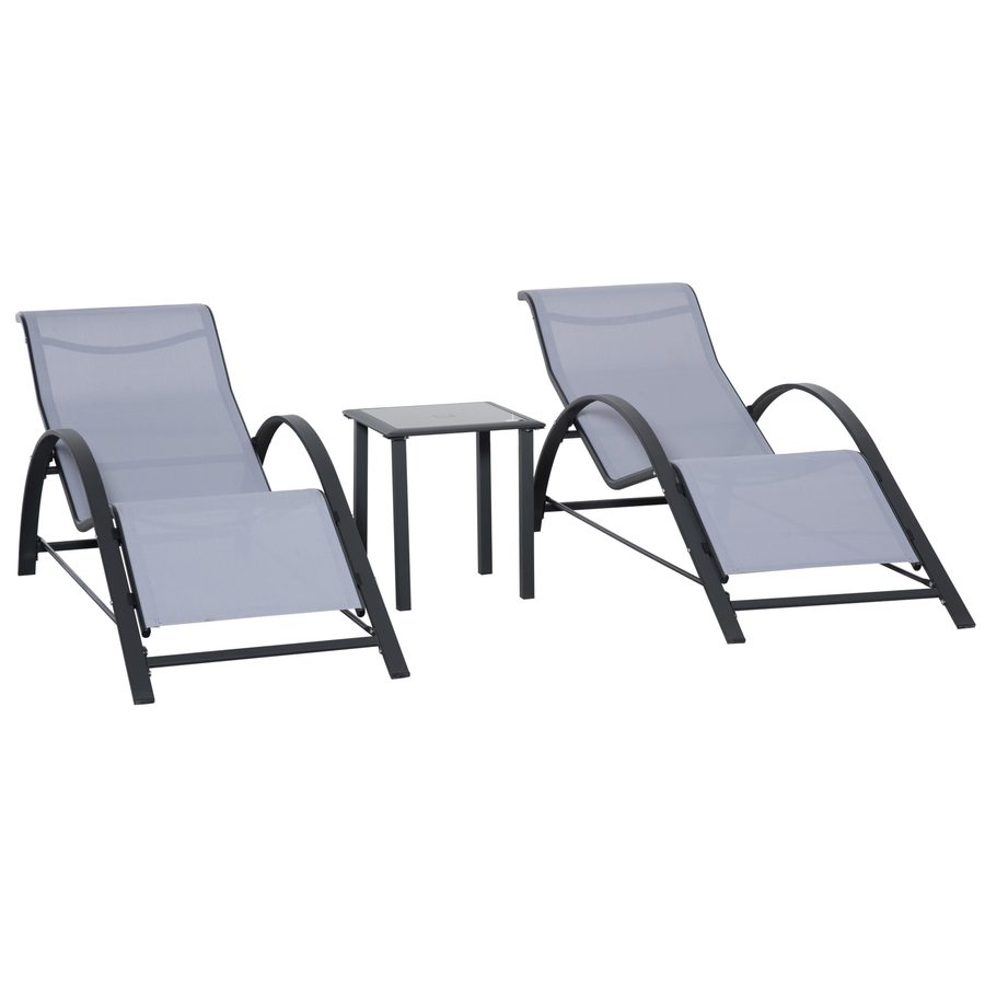 Outsunny Set 2 Gartenliegen und Glastisch, Sonnenliege mit atmungsaktivem Gewebe, 59x169x66 cm, Hellgrau   Aosom von Outsunny