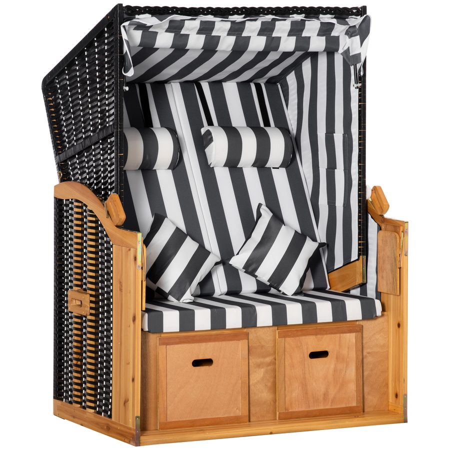 Outsunny Strandkorb Doppelliege mit Dach & Getränkehalter, 5-Stufen Rückenlehne, PE-Rattan Grau Weiß, 118x79x160cm für Garten & Terrasse   Aosom.de von Outsunny