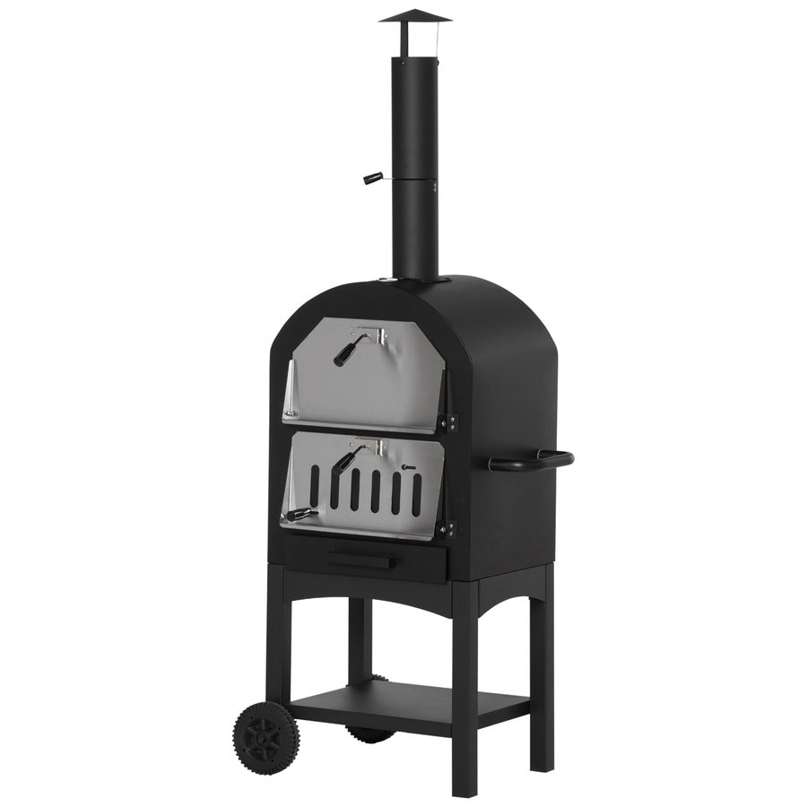 Outsunny Pizzaofen Outdoor 2-In-1  mit Rollen, Grillofen, Schutzhülle, Pizzaschaufel, 2 Grillnetzen, 3-Tier Holzbackofen, 63x54x161cm  Aosom von Outsunny