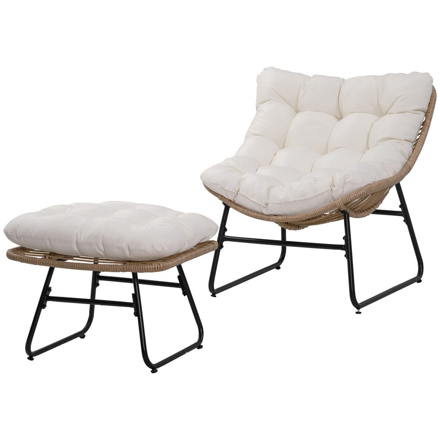 Outsunny Garten-Liegestuhl mit passendem Hocker aus Epoxid-Metall und Polyrattan in Rattan-Optik mit weichen Kissen - Natur   Aosom von Outsunny