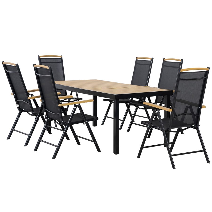Outsunny Outdoor Gartenmöbelset 6 Personen, 190 cm Gartentisch mit 6 Stühlen, Aluminiumrahmen, klappbare und verstellbare Stühle, schwarzes Gartenmöbel-Set für Terrasse, Patio   Aosom von Outsunny