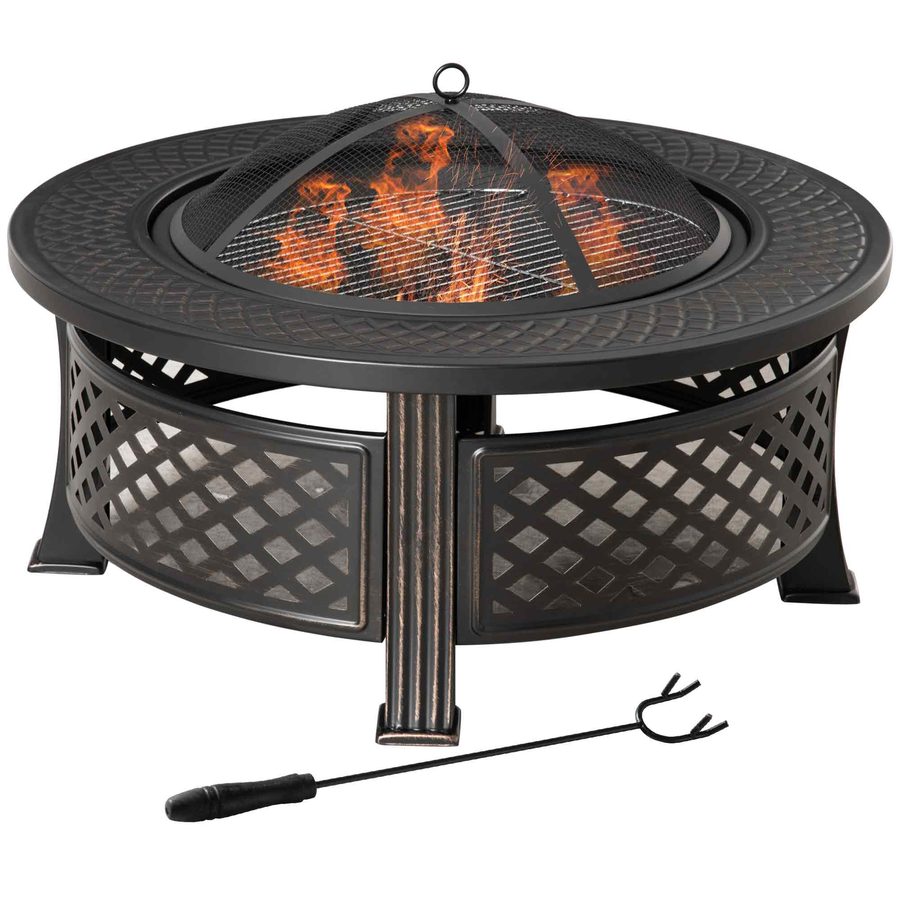 Outsunny Feuerschale Schürhaken Funkenschutz Feuerkorb Feuertisch rund Feuerstelle Garten Camping BBQ Stahl Schwarz 81x81x50cm   Aosom von Outsunny