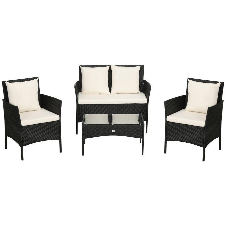 Outsunny Gartenmöbel-Set 4-teilig aus Rattan mit 2 Stühlen, 2-Sitzer-Gartensessel und Niedrigem Kaffeetisch, Schwarz und Creme   Aosom von Outsunny