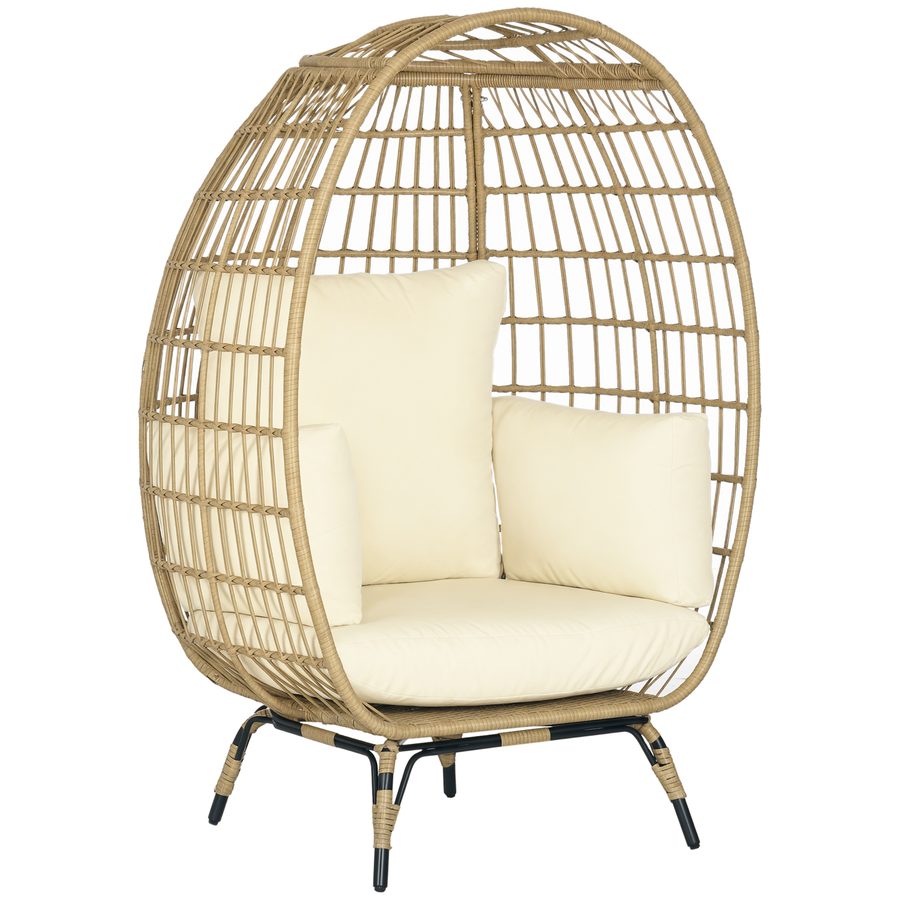 Outsunny Rattansessel Korbform mit Sitzkissen erhöhter Gartensessel für Balkon Terrasse Metall Khaki 105 x 97 x 150 cm   Aosom.de von Outsunny