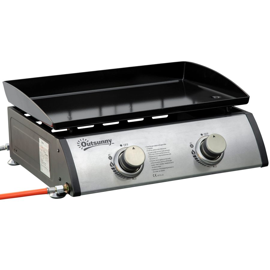 Outsunny Tischgrill Gasgrill BBQ mit 2 Brennern, Tischgasgrill mit Schlauch, Edelstahl & Metall, Antihaft-Grillplatte, ideal für Camping   Aosom.de von Outsunny
