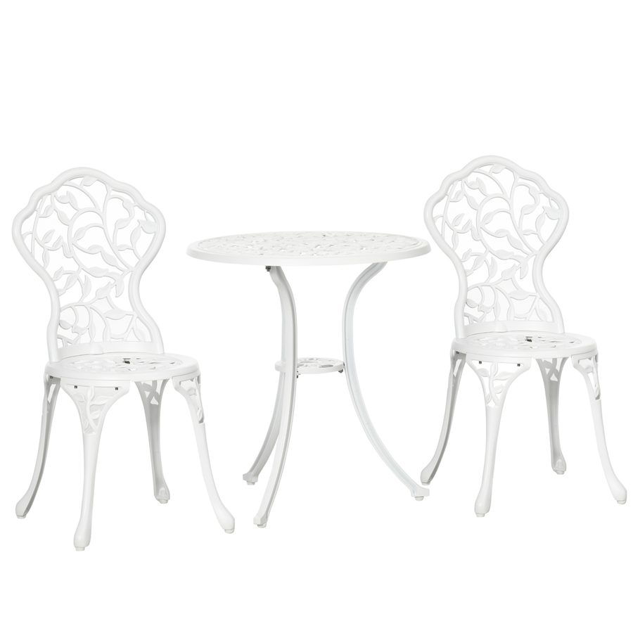 Outsunny Gartenmöbelset 3-teilig aus weißem Aluminium mit Blumendesign, 2 Außenstühlen 45x42x85,5 cm und rundem Tisch Ø61x66,5 cm   Aosom von Outsunny