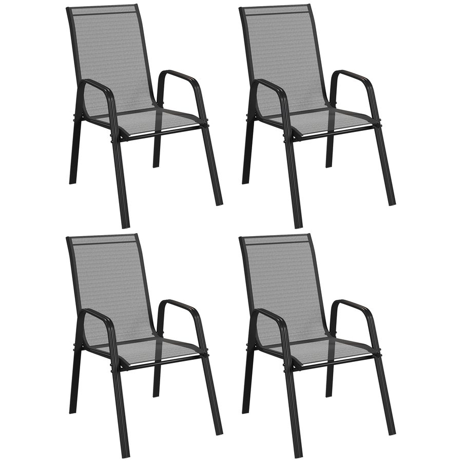 Outsunny 4er-Set stapelbare Gartenstühle mit Armlehnen, Outdoor-Essstühle aus Metall und wasserdichtem Texteline, für Patio, Balkon, Terrasse, Außen- und Innenbereich, 54x75,5x95cm, Schwarz   Aosom von Outsunny