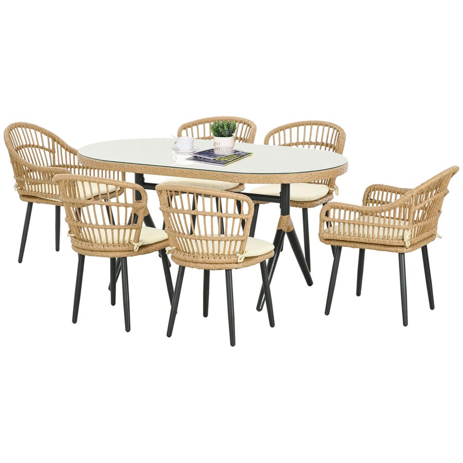 Outsunny Salon de Jardin 6 Personen Rattan PE Esszimmer-Set - 1 rechteckiger Tisch und 6 Stühle mit Kissen - gehärtete Glastischplatte, Stahlrahmen, Natürliches Holz   Aosom von Outsunny