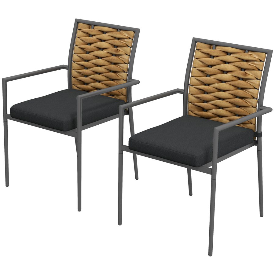 Outsunny 2er-Set Rattan Gartenstuhl, Gartensessel Set mit Kissen, stapelbarer Gartenstuhl, Balkonstuhl, Stahl, 57 x 58 x 87 cm, Schwarz  Aosom von Outsunny