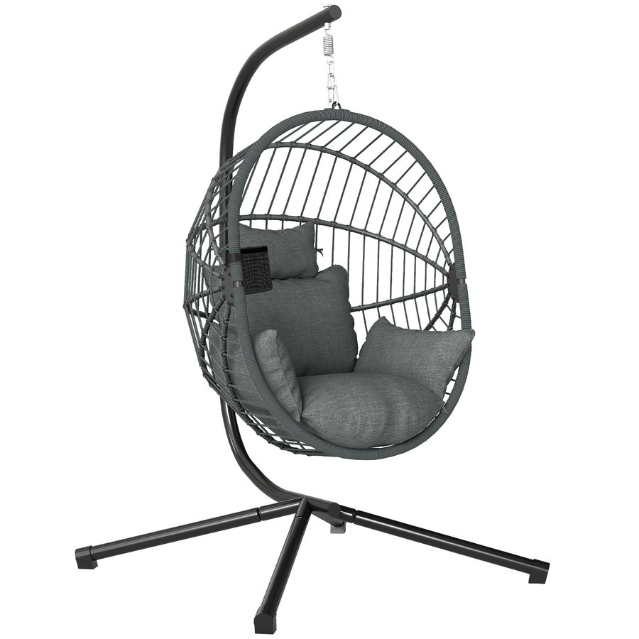 Outsunny Hängesessel Hängeschaukel mit Kissen und Becherhalter, klappbarer Sitzkorb in Rattanoptik bis 120 kg belastbar aus Stahl Grau   Aosom.de von Outsunny