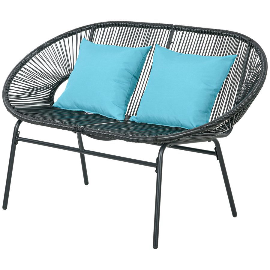Outsunny Gartenbank 2-Sitzer aus Metall und PE-Rattan-Seil mit 2 Kissen - Abmessungen 132L x 72B x 83H cm - Schwarz   Aosom von Outsunny