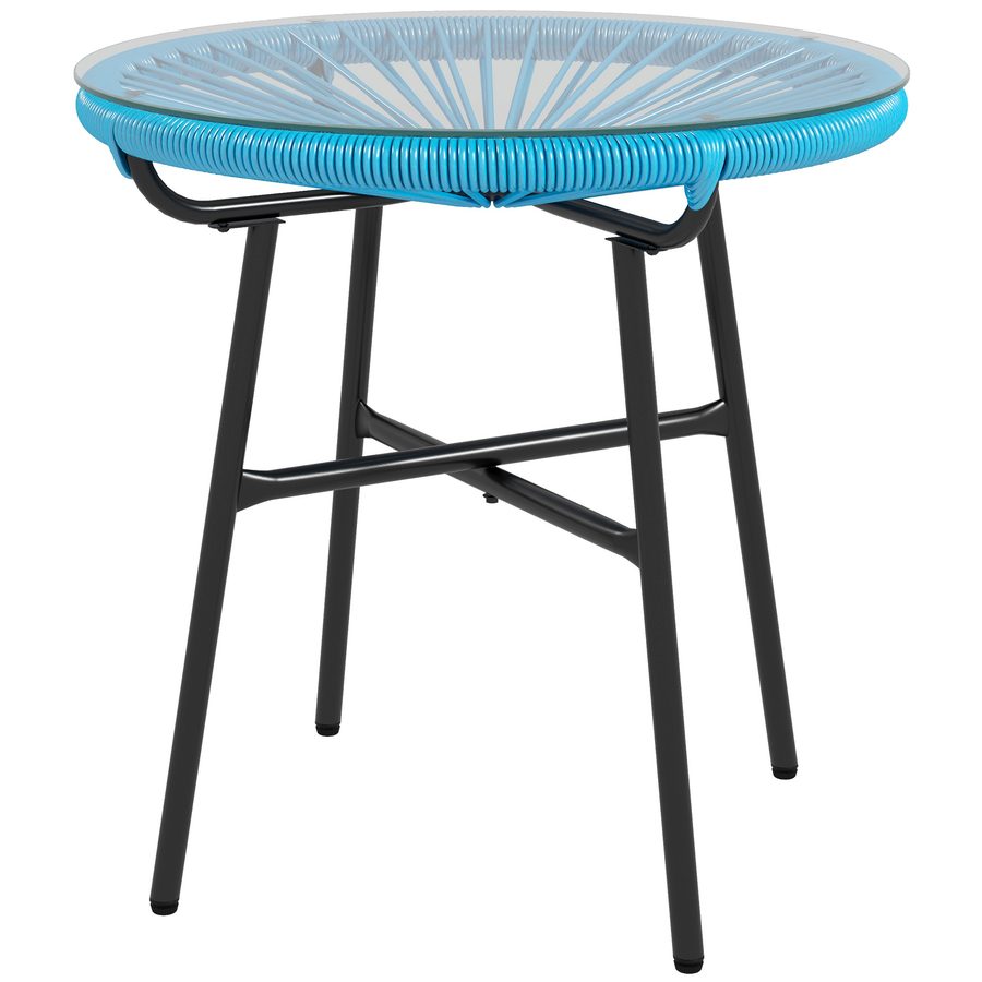 Outsunny Gartencouchtisch rund aus Kunstharz Rattanmetall und gehärtetes Glasplatte Ø 50 x 50 cm blau   Aosom von Outsunny