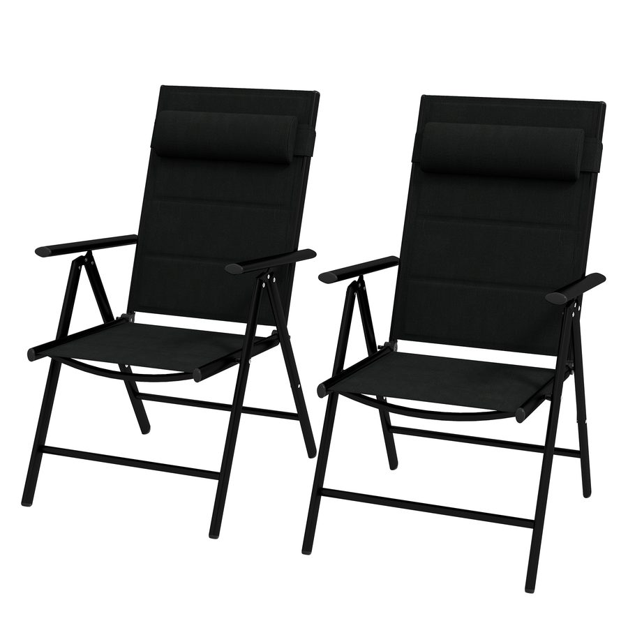 Outsunny Set mit 2 klappbaren Gartensesseln Gartensessel mit Kopfstütze, Armlehnen und Aluminiumrahmen Tragkraft 130 kg für Terrasse 54x67x108 cm Schwarz   Aosom von Outsunny