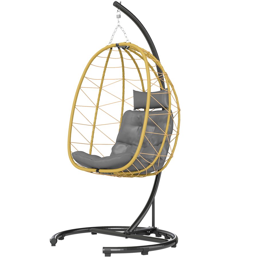 Outsunny Hängesessel 150kg max mit Faltkorb und Kissen, Garten Schaukelstuhl aus Stahl und PE Rattan, 102x102x195 cm, Schwarz Grau und Beige   Aosom von Outsunny