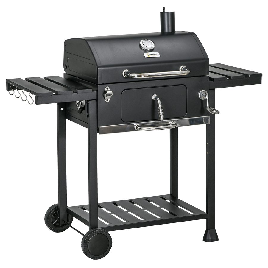 Outsunny Holzkohlegrill Campinggrill mit zwei Grillrosten, klappbaren Seitenablagen, Grillwagen mit Regal und Griff, Edelstahl Schwarz   Aosom.de von Outsunny