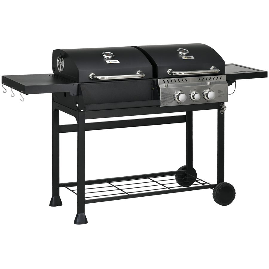 Outsunny Grillwagen Gasgrill mit 2+1 Brenner, Thermometer, 3kW BBQ Holzkohlgrill mit Regal, Seitenablage, Haken, Campinggrill mit Schlauch für Garten, Balkon, Schwarz   Aosom von Outsunny