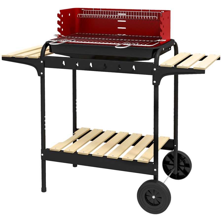 Outsunny Holzkohlegrill aus Metall BBQ Smoker mit Räder, höheverstellbar Grillrost, Holzablage, fahrbar Grillwagen Holzkohle Grill, Kohlegrill für Barbeque Camping, Terrasse, 103x47x95 cm   Aosom von Outsunny