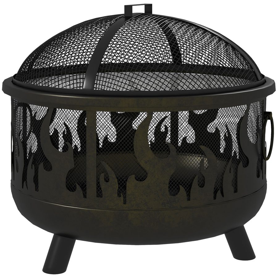 Outsunny Feuerschale Ø61 x 55cm aus Metall Feuerstelle mit Funkenschutz Schürhaken Grillrost Feuerschalen für Garten, Balkon Terrasse, BBQ Camping Schwarz   Aosom von Outsunny