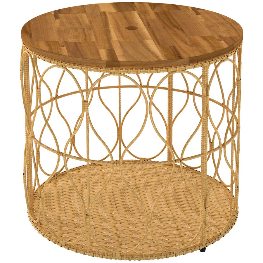Outsunny Beistelltisch Ø50 cm wetterfest Gartentisch mit Rattanoptik Akazienholzplatte verstellbaren Füßen, runder Balkontisch 80 kg Belastbar, Bistrotisch für Garten Terrasse Balkon Teak   Aosom von Outsunny