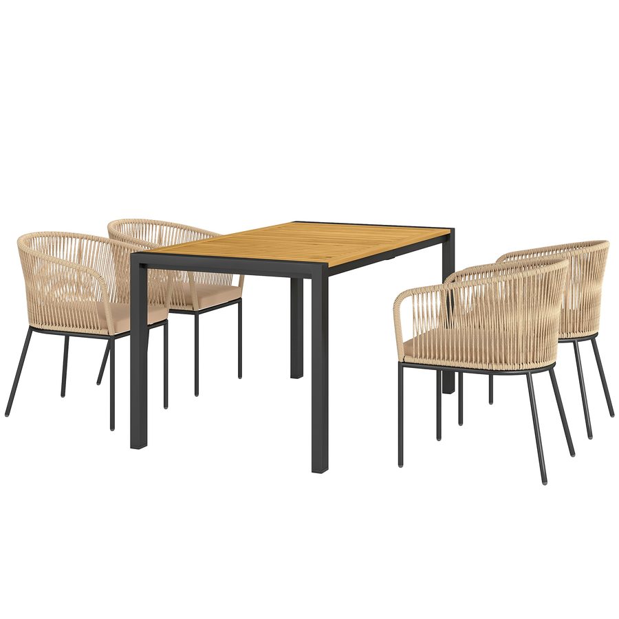 Outsunny 5-teiliges Polyrattan Gartenmöbel-Set für 4 Personen, wetterfest Balkonmöbel mit Tisch 4 Stühle abnehmbar Sitzkissen, Outdoor Terrassenmöbel Lounge-Set für Balkon, Garten, Naturholz+Khaki   Aosom von Outsunny